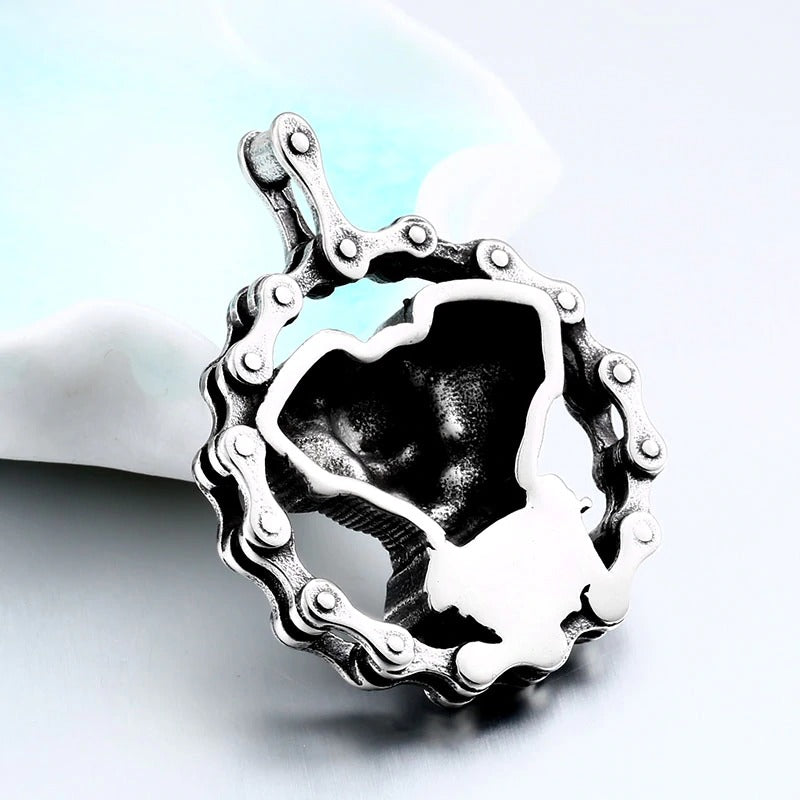 Steel Skull Motorcycle Engine Pendant Necklace featuring a round design with skull and engine, perfect for bikers.