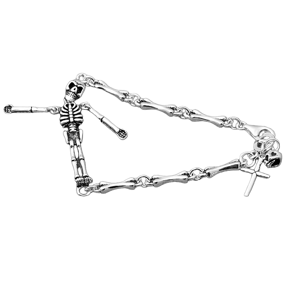 Stylish unisex sterling silver skeleton bracelet with punk design and cross detail for edgy fashion lovers.