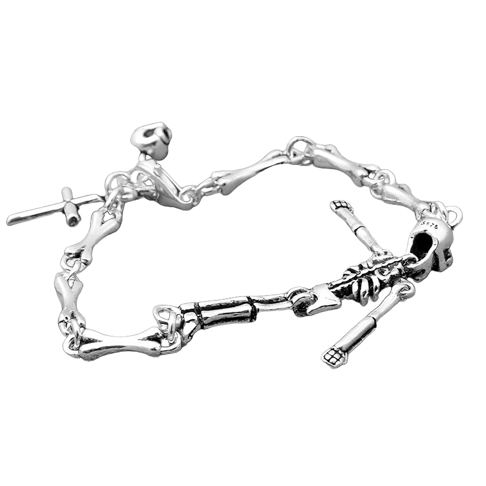 Stylish unisex sterling silver skeleton bracelet with punk style skull and cross design.