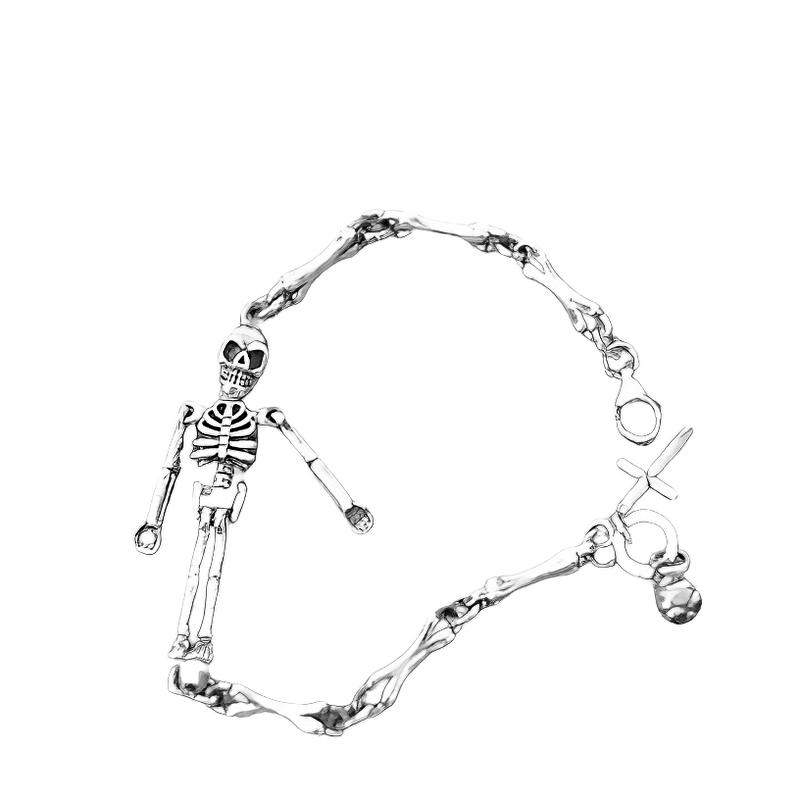 Sterling Silver Unisex Skeleton Bracelet / Punk Style Skull Jewelry / Silver Bracelet With Cross - HARD'N'HEAVY