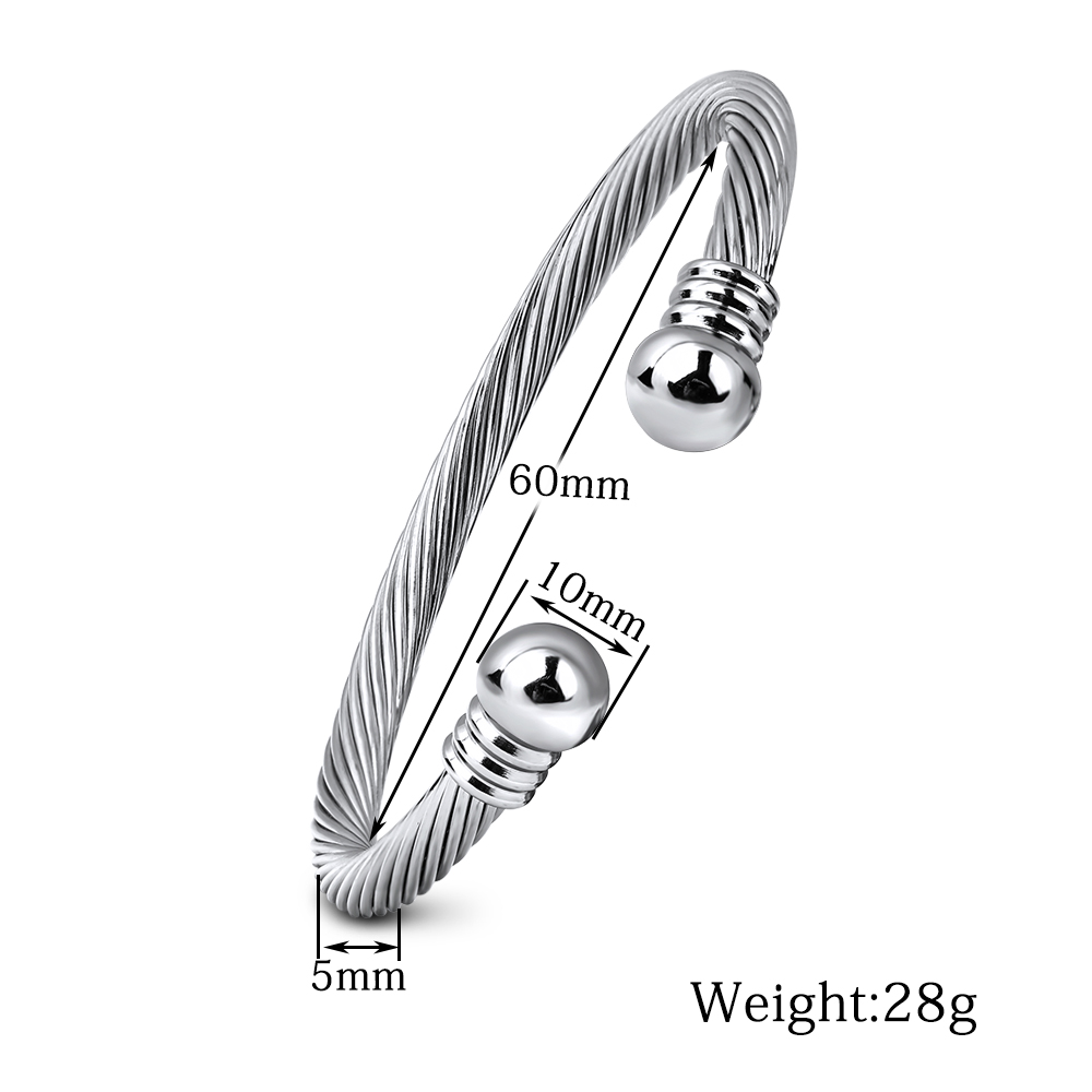 Elegant stainless steel bracelet for women, featuring a twist design and measurement details, perfect for rock style outfits.