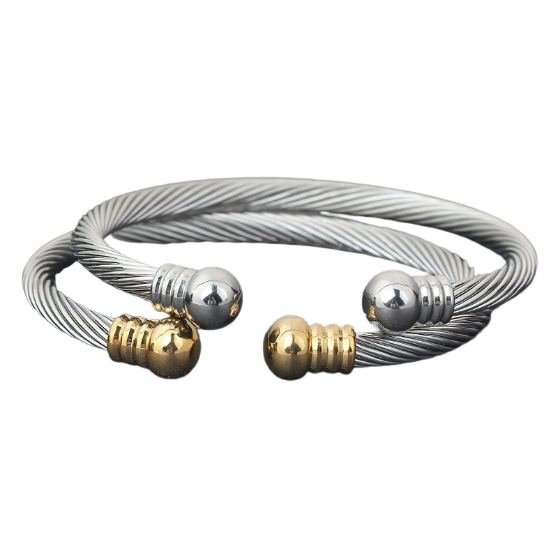Stylish stainless steel and gold bangle bracelet for women, perfect for adding flair to rock outfits.