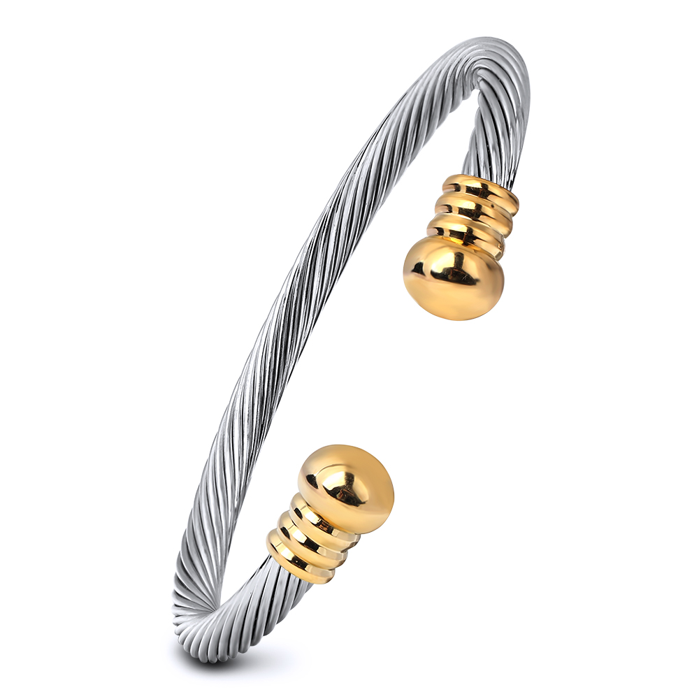 Stylish stainless steel and gold bangle bracelet for women, perfect for rock-style outfits and mood tracking.