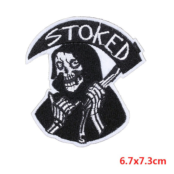 Stoked Reaper rock patch featuring a skeleton design, perfect for jackets and bags, size 6.7x7.3cm.