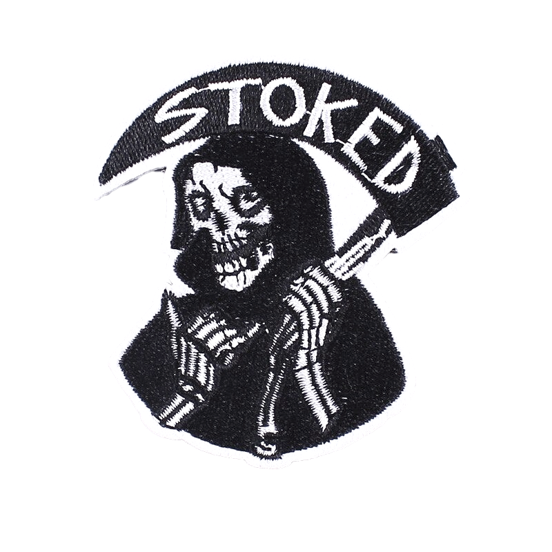 Stoked Reaper fusible patch featuring a skeleton design for jackets and bags, perfect for unisex rave outfits.