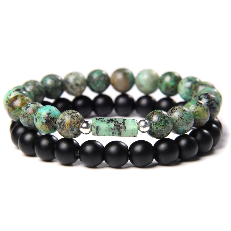 Stylish unisex bracelet featuring green and black stone beads, perfect for casual fashion accessories.