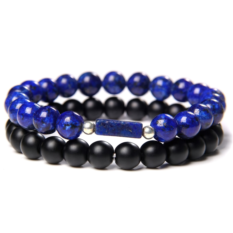 Stylish unisex stone beads bracelet featuring blue and black beads, perfect for casual fashion accessories.