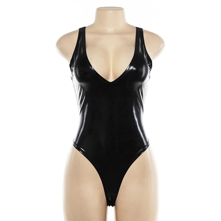 Black shiny strapless summer bodysuit for women, showcasing a sleek design and skin-tight fit.