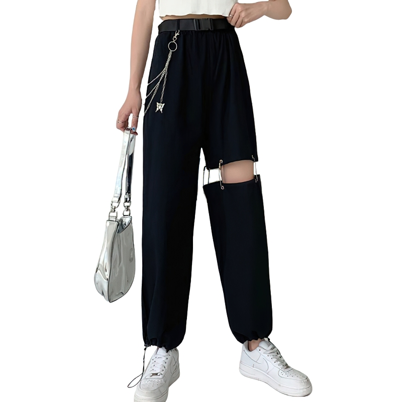 Streetwear Loose Sweatpants for Women / High Waist Pants with Patchwork and Chain - HARD'N'HEAVY