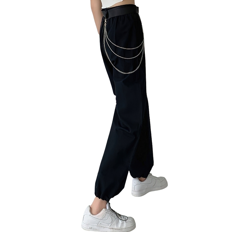 Streetwear Loose Sweatpants for Women / High Waist Pants with Patchwork and Chain - HARD'N'HEAVY