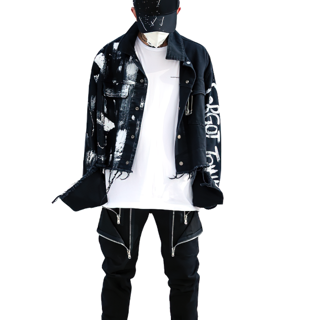 Men's graffiti print jeans jacket in streetwear style, featuring a unique paint design for a bold fashion statement.