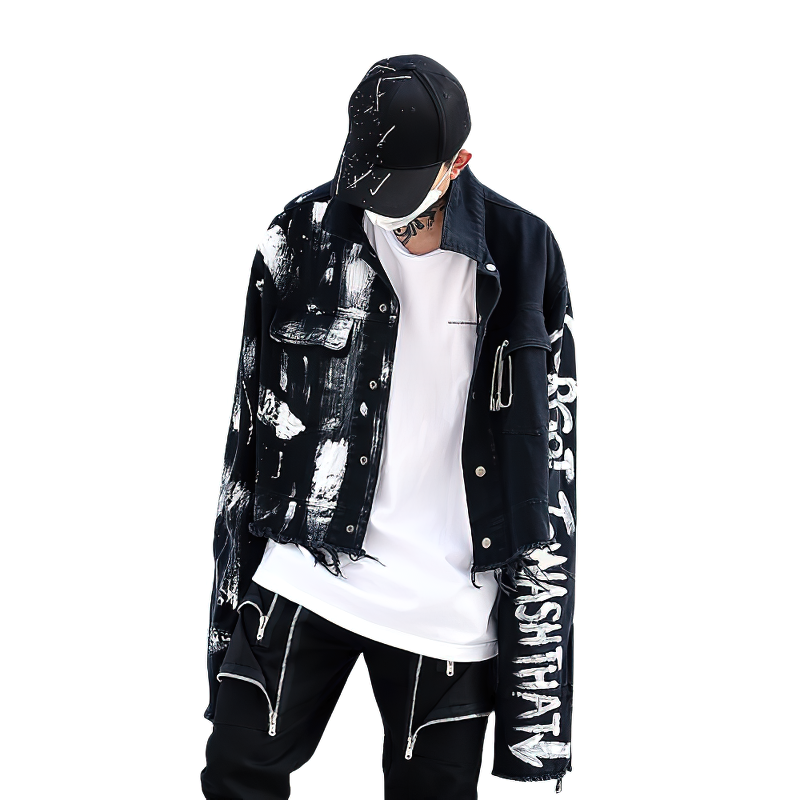 Stylish streetwear men's graffiti print jeans jacket perfect for enhancing any outfit with a cool urban vibe.