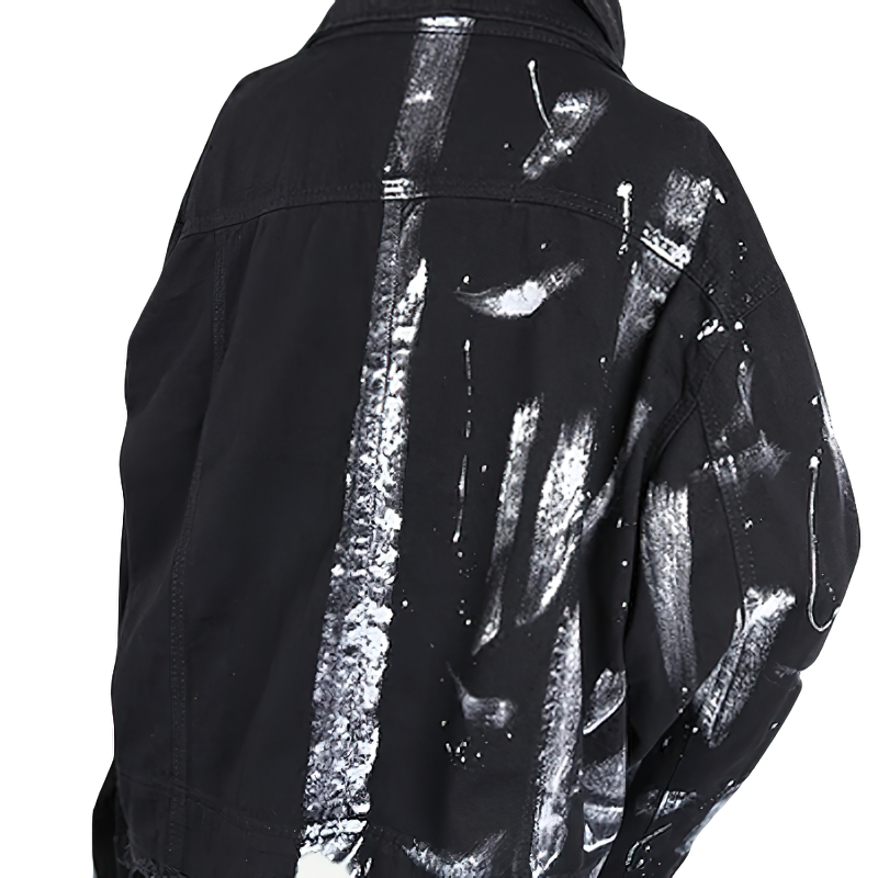 Men's graffiti print jeans jacket highlighting rock style streetwear fashion.