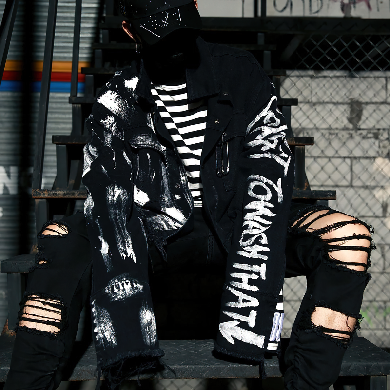 Streetwear Men Graffiti Print Jeans Jacket / Gents Rock Style Fashion - HARD'N'HEAVY