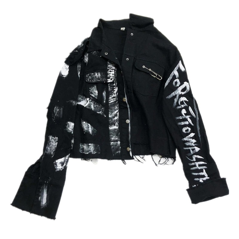Stylish women's graffiti print jeans jacket, ideal for streetwear and creative fashion looks.