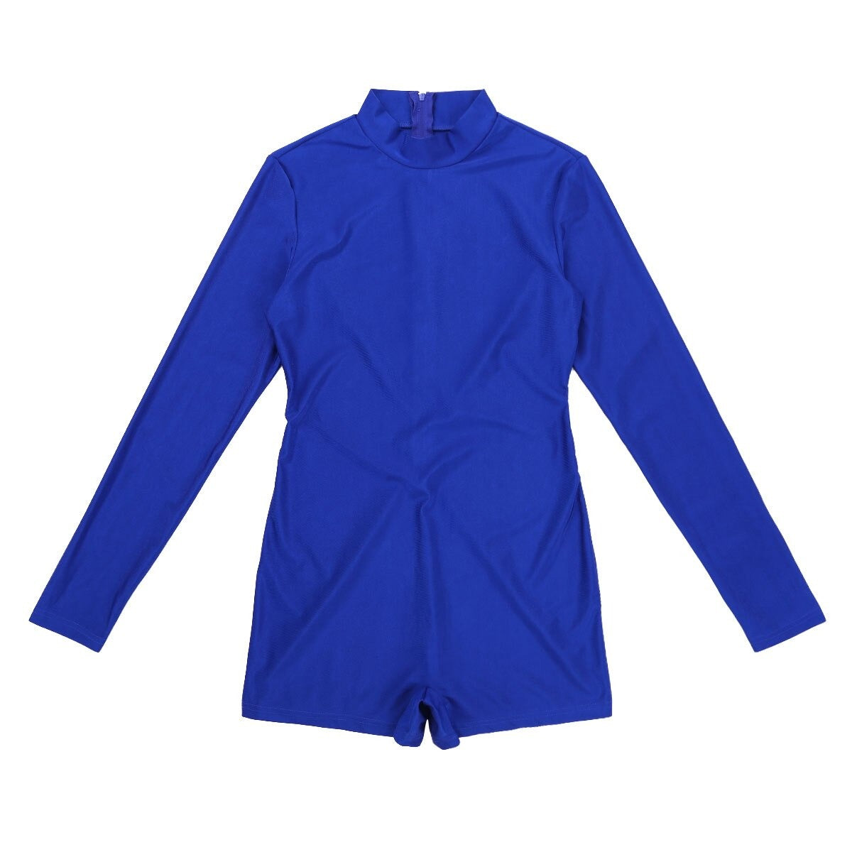 Blue stretchy bodysuit with long sleeves and zip back, perfect for alternative fashion lovers.