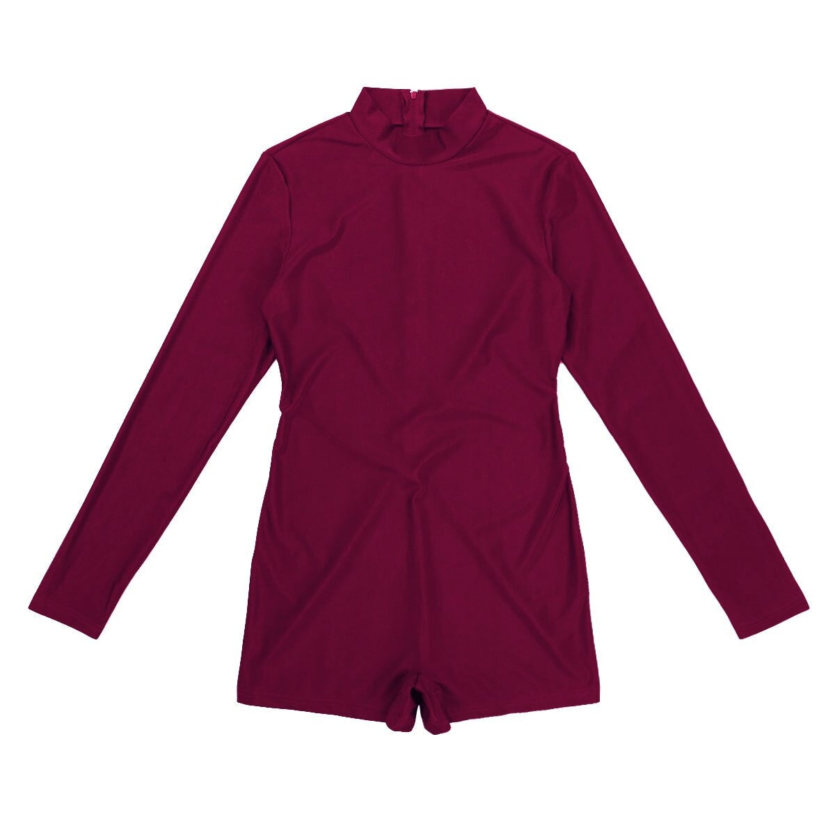 Burgundy stretchy bodysuit with long sleeves and high neck, perfect for alternative style outfits.