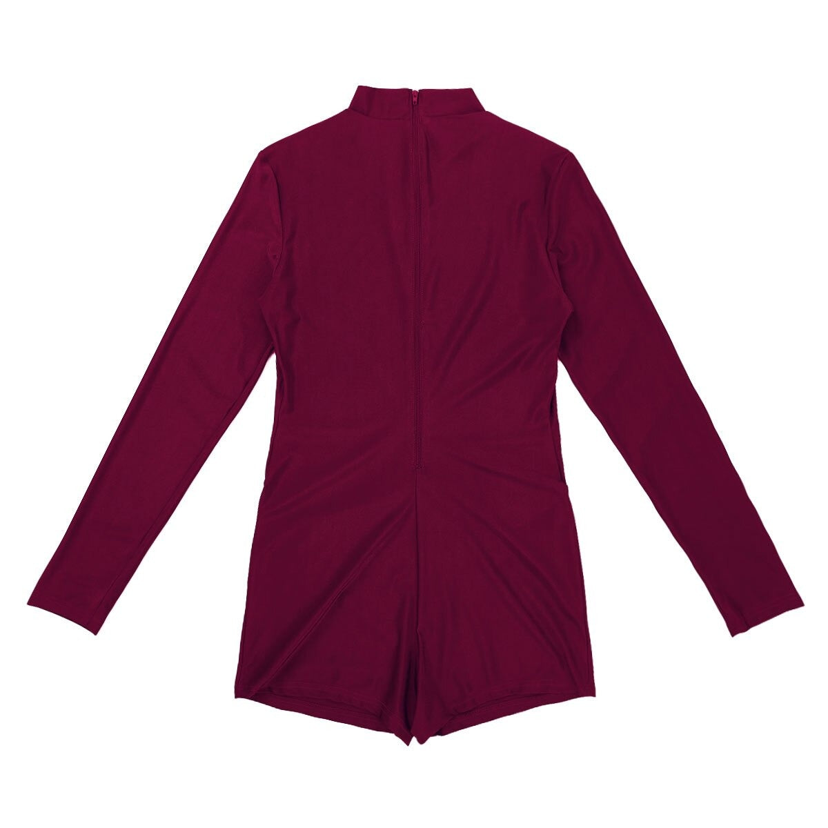 Back view of a burgundy stretchy bodysuit with long sleeves and zipper, perfect for alternative style.