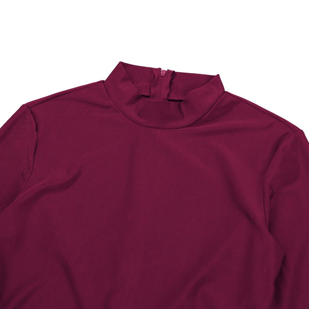 Close-up of a burgundy stretchy bodysuit with a minimalistic design and zipper detail at the back.