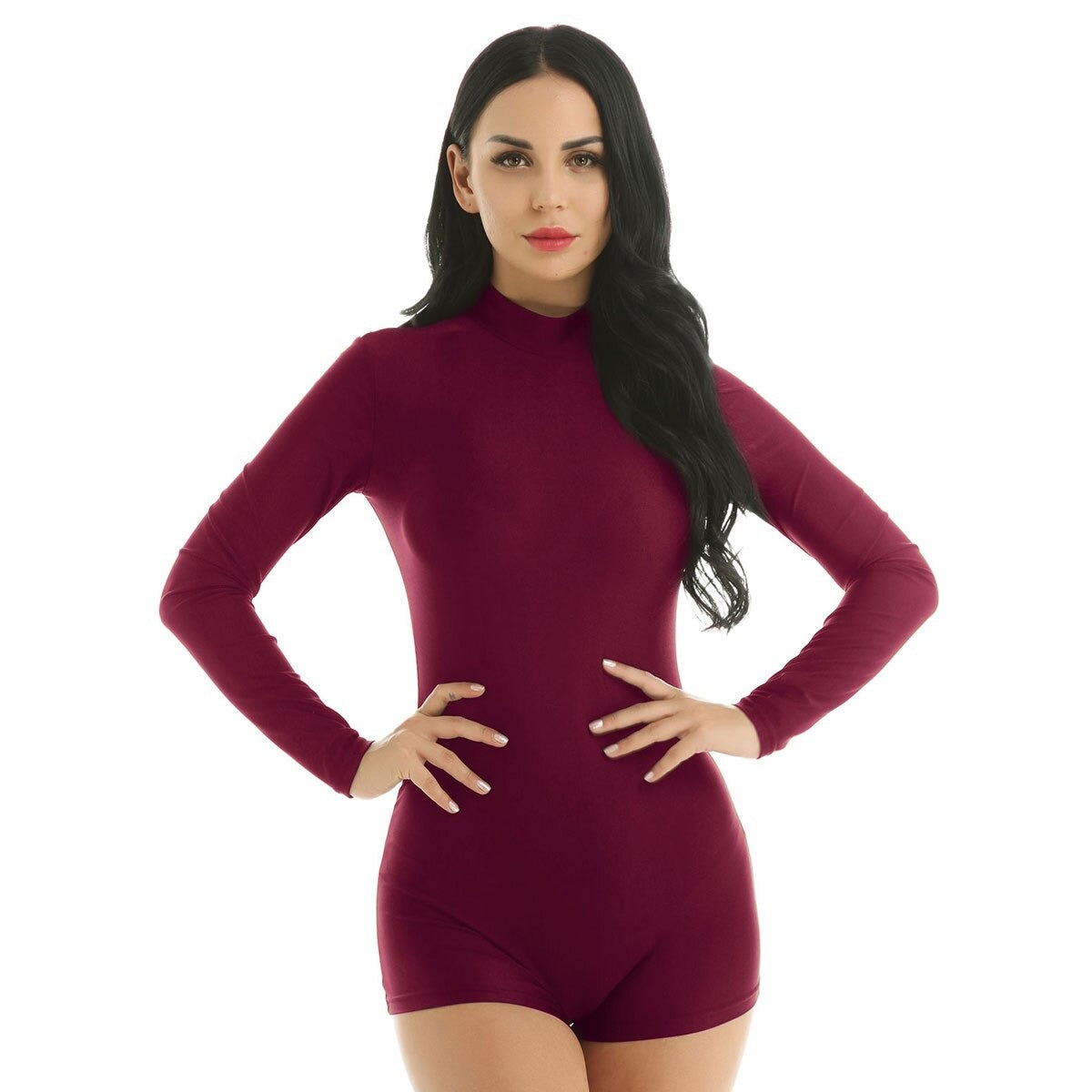 Female model in burgundy stretchy bodysuit with long sleeves, showcasing alternative fashion style.