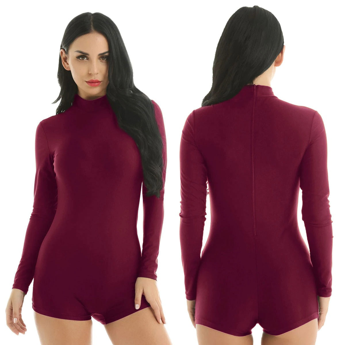Burgundy stretchy bodysuit with long sleeves and back zipper, ideal for alternative rock chick style.