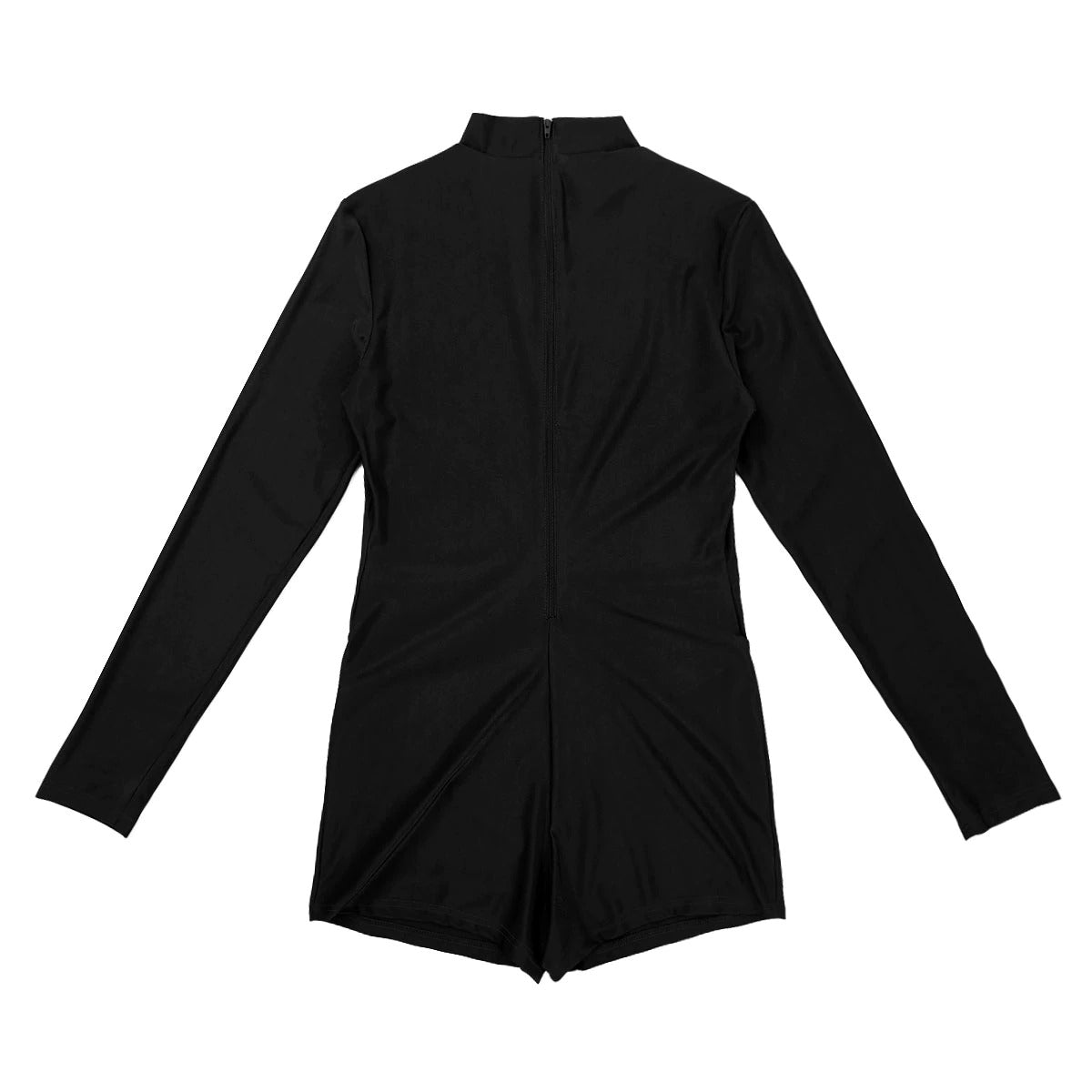 Back view of a stretchy black bodysuit with long sleeves and zipper, perfect for rock chick alternative style.