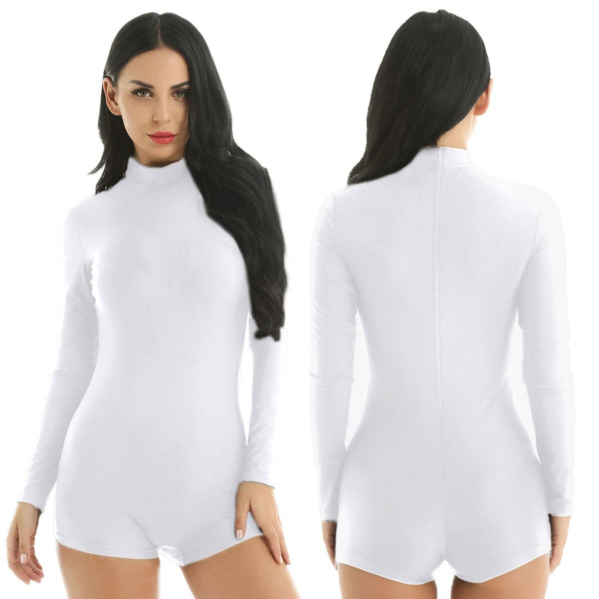 Stylish white stretchy bodysuit with long sleeves and a zipper back, perfect for alternative rock chic looks.