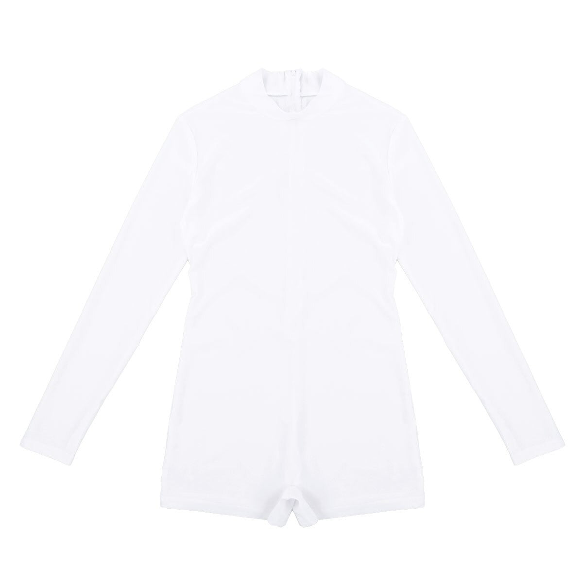 White stretchy bodysuit for women, long sleeves, minimalistic design, back zipper, comfortable alternative style romper.