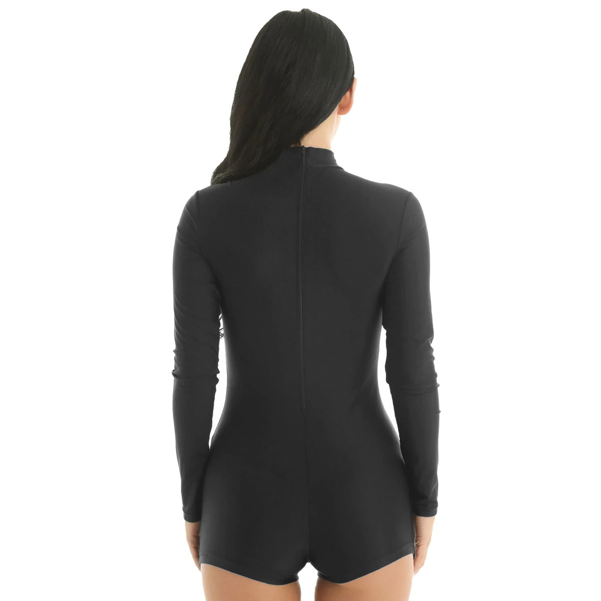 Back view of a stretchy black jumpsuit for women, featuring long sleeves and a minimalistic design.