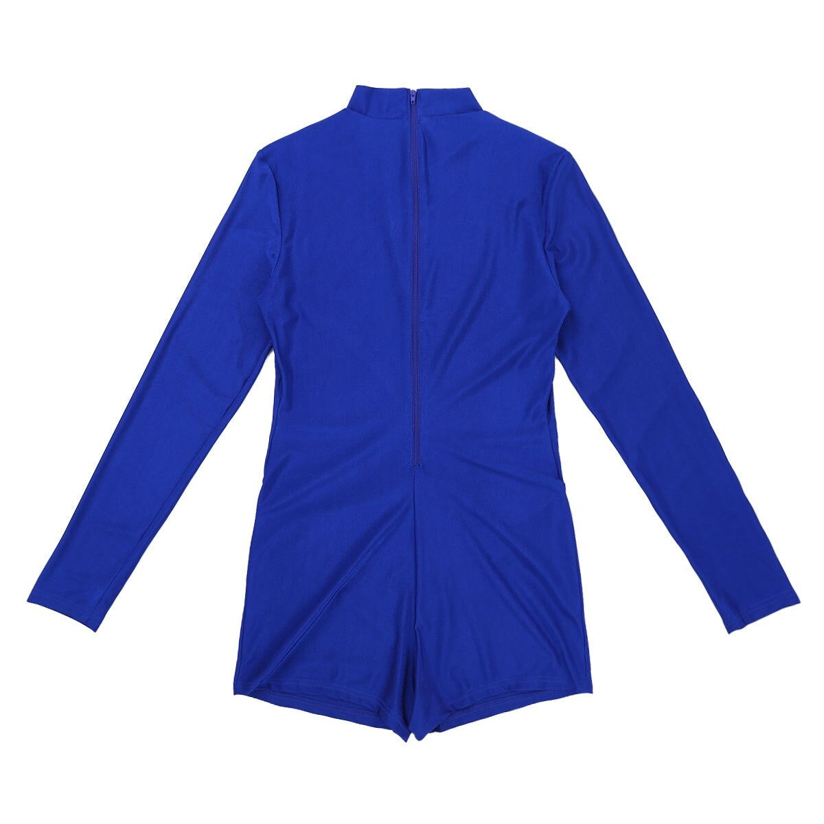 Back view of a vibrant blue stretchy bodysuit with long sleeves and a zip closure. Perfect for alternative style fashion!
