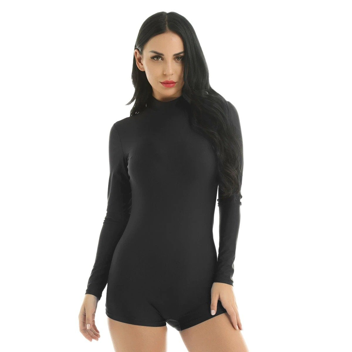 Model wearing a stretchy black bodysuit with long sleeves, showcasing a minimalistic gothic style.