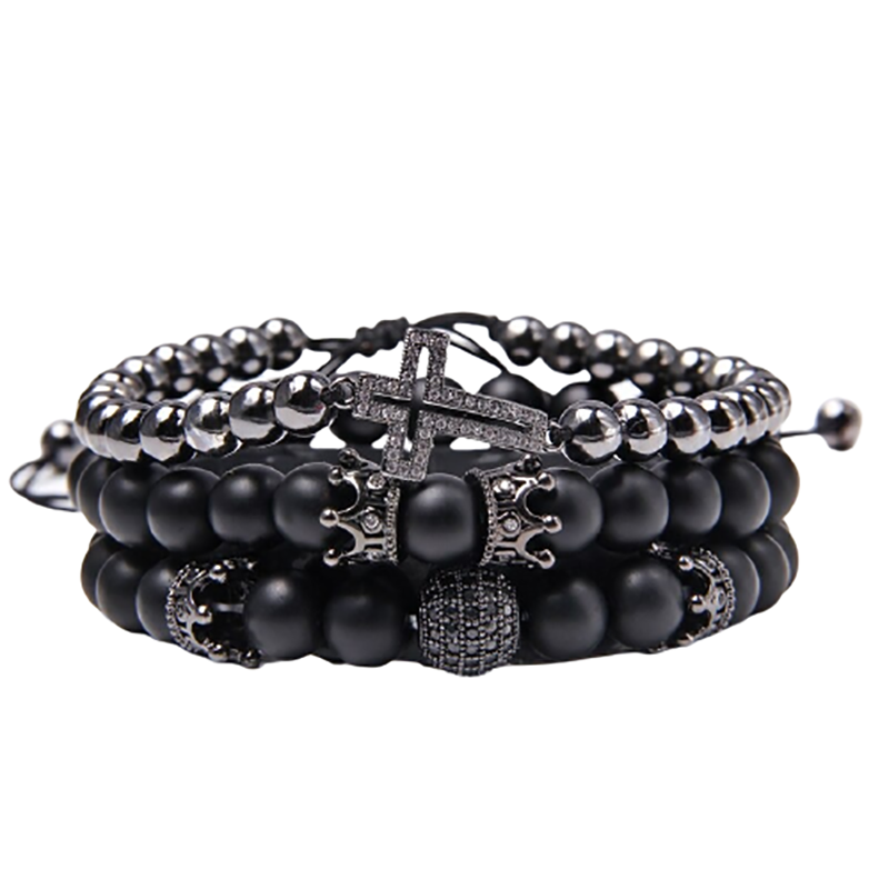 Style Set Multiple Charm Bracelet Natural Stone Beads / Braided Bracelet with a cross - HARD'N'HEAVY