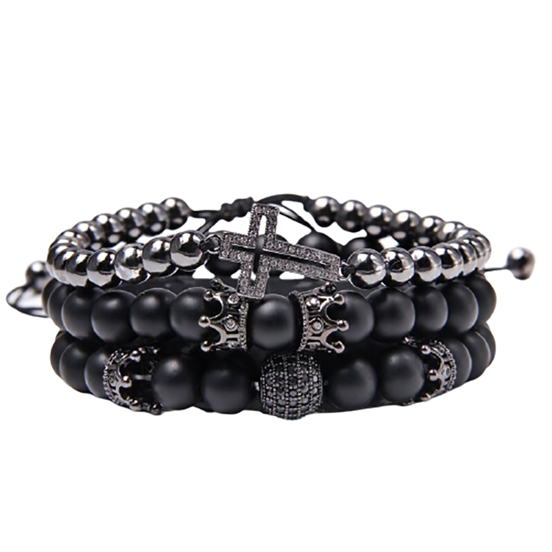 Stylish black charm bracelet set with natural stone beads and a cross charm, perfect for layered aesthetic looks.