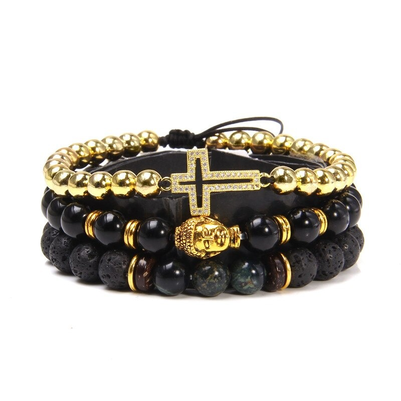 Stylish handmade multiple charm bracelet set featuring natural stone beads and a gold cross charm.