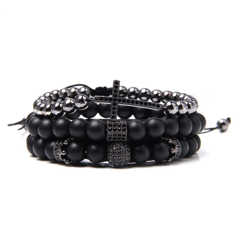 Stylish multiple charm bracelet with natural stone beads and crystal cross, perfect for vintage aesthetic lovers.