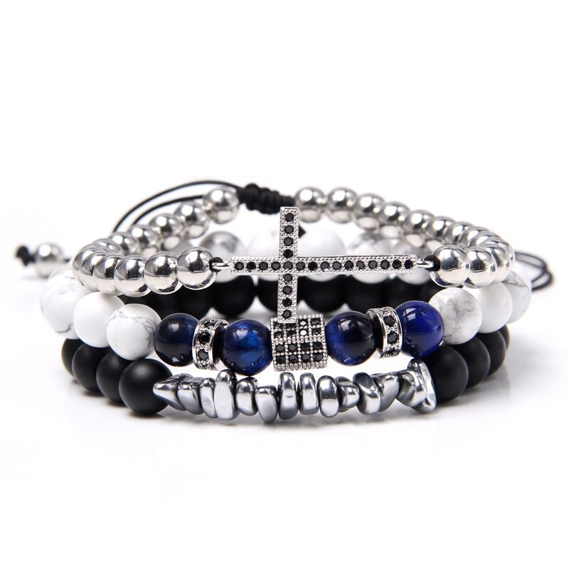 Handmade multiple charm bracelet with natural stone beads, featuring a crystal cross in a vintage style.