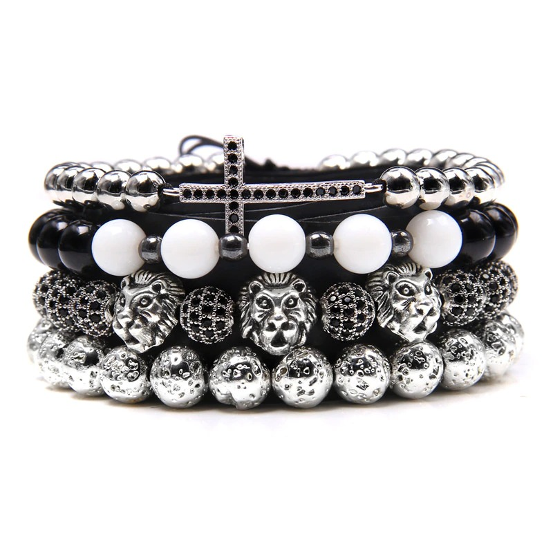 Style Set multiple charm bracelet with natural stone beads and cross, featuring vintage lion designs and crystals.