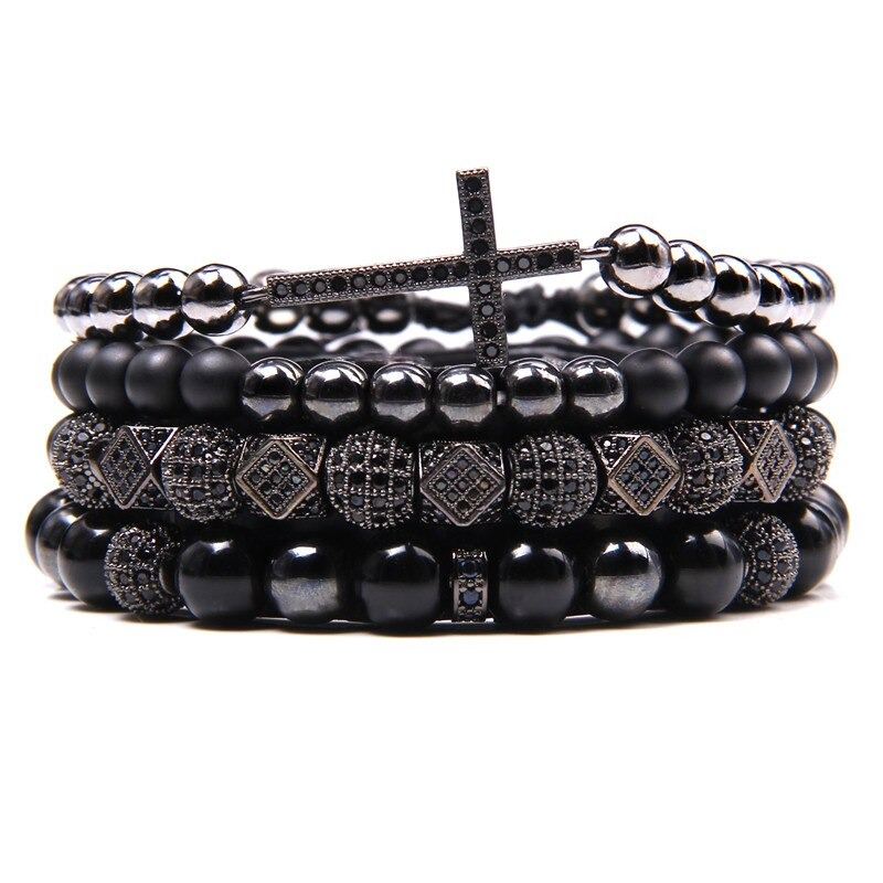 Natural stone charm bracelet set featuring a cross, crystal accents, and unique layers in a vintage style.