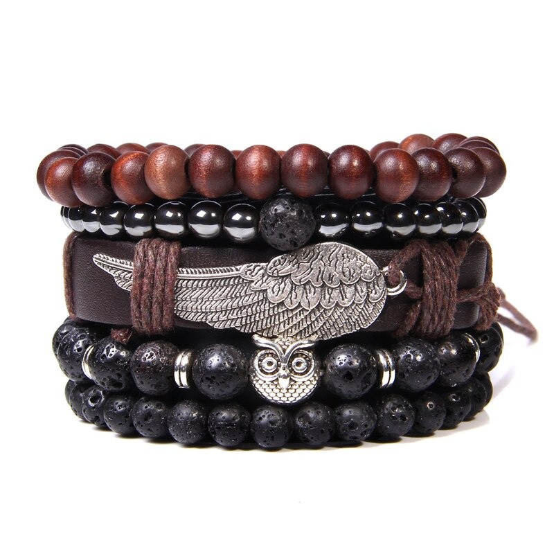Handmade multiple charm bracelet set featuring natural stone beads, leather, and feather pendant for a vintage aesthetic.