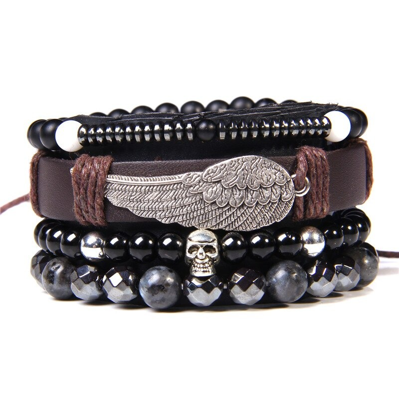 Style Set Multiple Charm Bracelet Natural Stone Beads / Braided Bracelet with a feather Pendant - HARD'N'HEAVY
