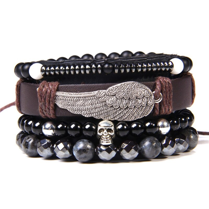 Style Set Multiple Charm Bracelets with wing pendant, skull decorations, and black natural stone beads.