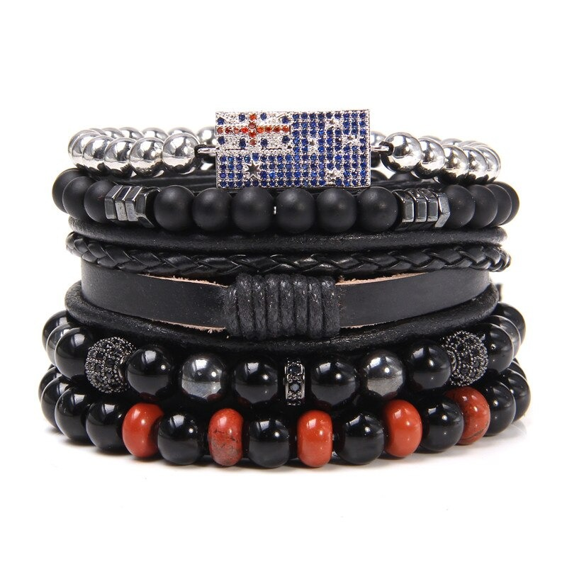 Multilayer unisex charm bracelet featuring natural stone beads and a vintage-style flag pendant.