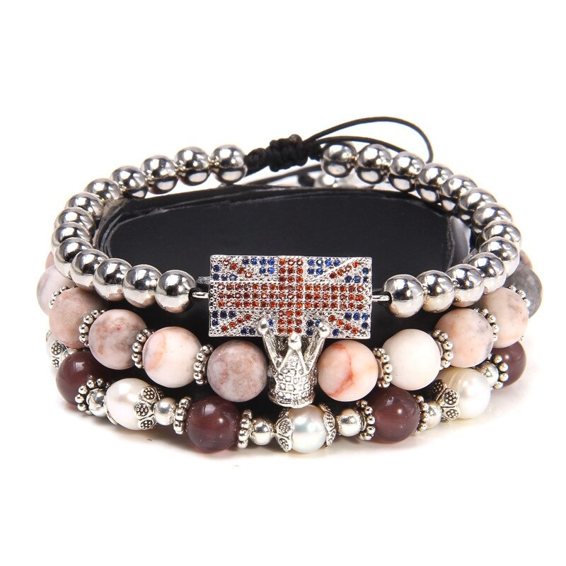 Handmade unisex charm bracelet with natural stone beads and a pendant flag, showcasing vintage multi-layered design.