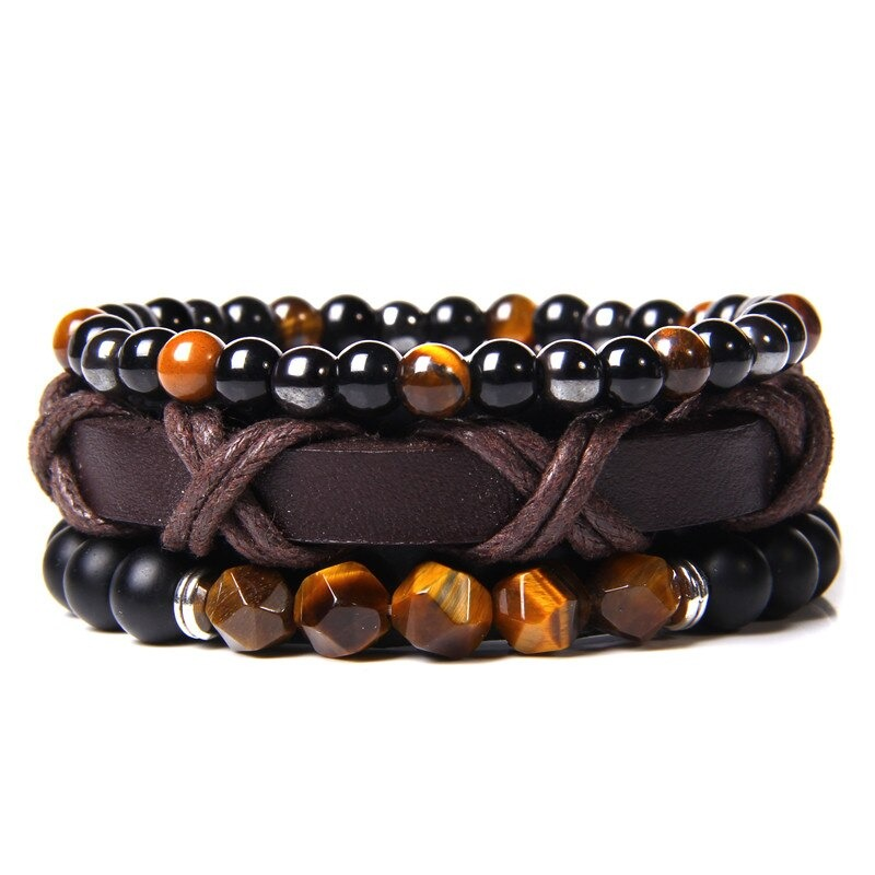 Style Set Multiple Charm Bracelet Natural Stone Beads / Vintage Leather Braided Bracelet #2 - HARD'N'HEAVY