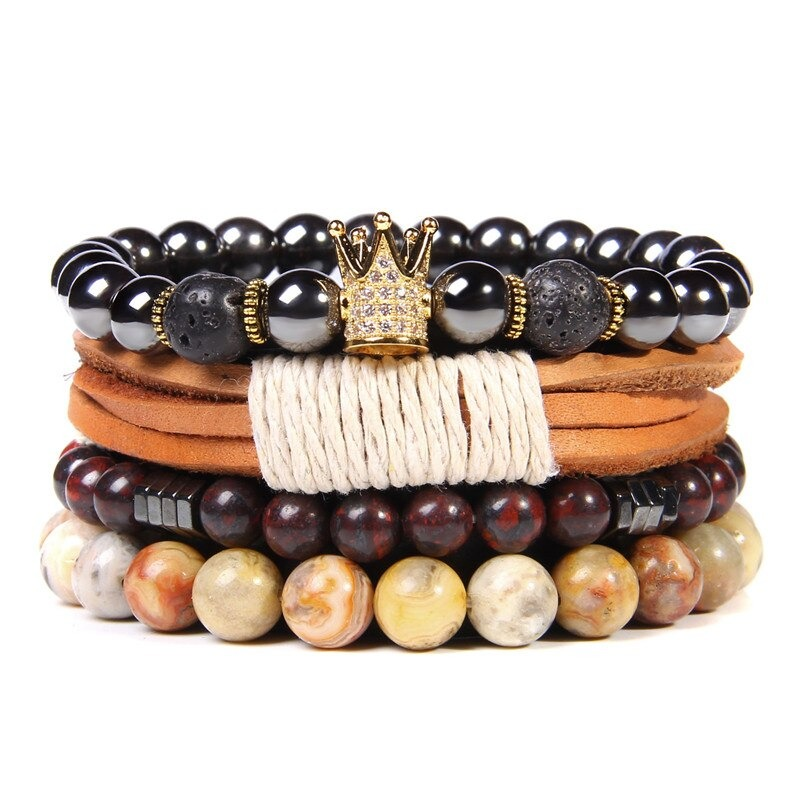 Stylish vintage charm bracelet set with natural stone beads and braided leather, featuring diverse colors and a crown charm.
