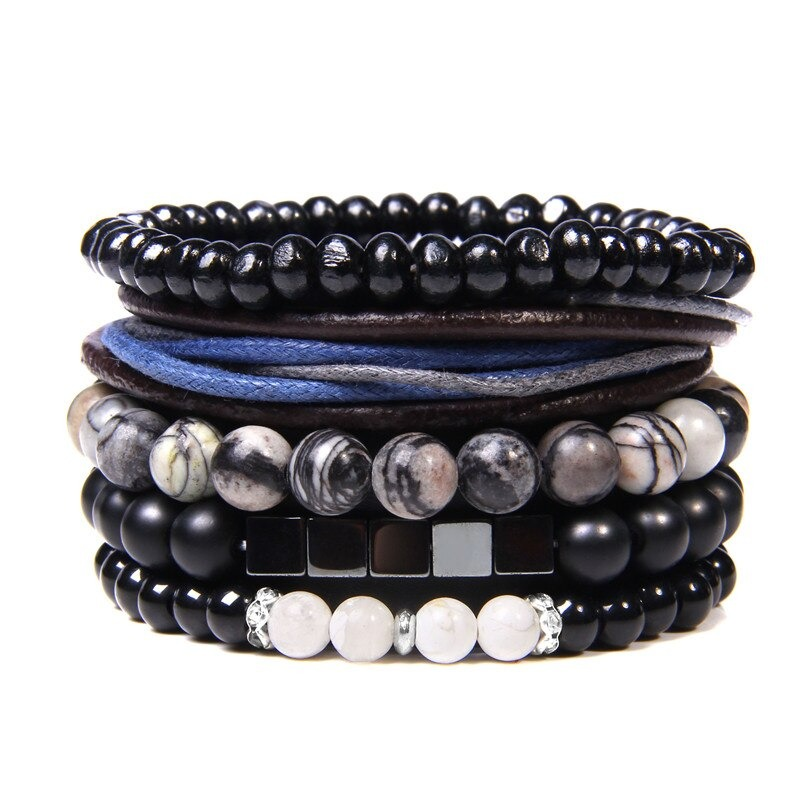 Handmade vintage charm bracelet set with natural stone beads and braided leather layers in black and blue.