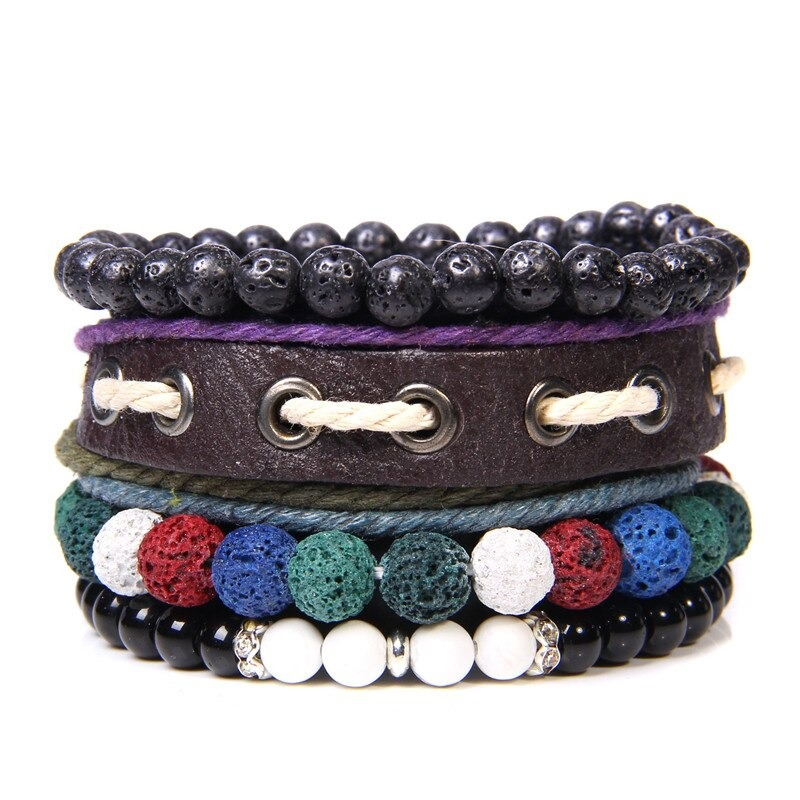 Style Set Multiple Charm Bracelet Natural Stone Beads / Vintage Leather Braided Bracelet #6 - HARD'N'HEAVY