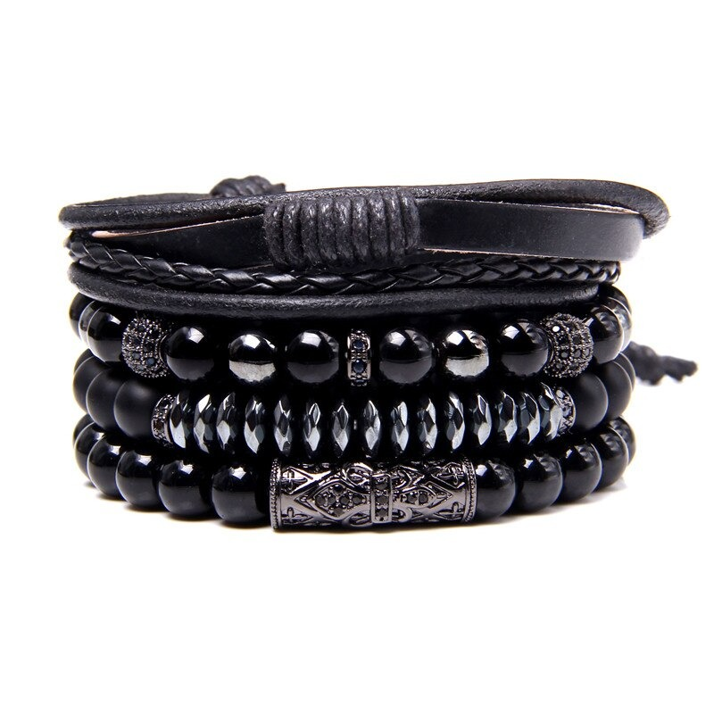 Style Set Multiple Charm Bracelet Natural Stone Beads / Vintage Leather Braided Bracelet #7 - HARD'N'HEAVY