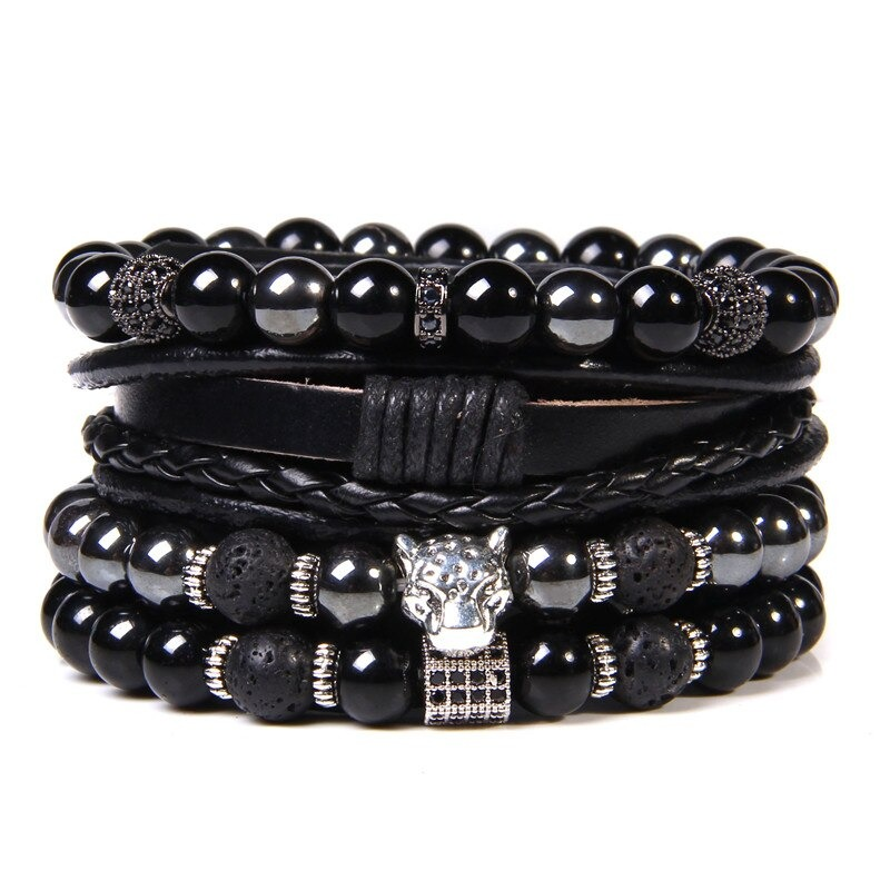 Vintage leather charm bracelets with black natural stone beads and a unique animal charm design.
