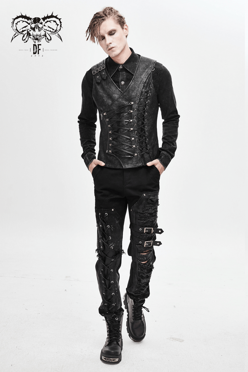 Stylish Asymmetric Waistcoat with Lacings / Men's Pu Leather Vest with Zip and Buckles - HARD'N'HEAVY